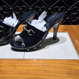 Gucci Mules 3" Heel Horsebit Patent Leather Slides